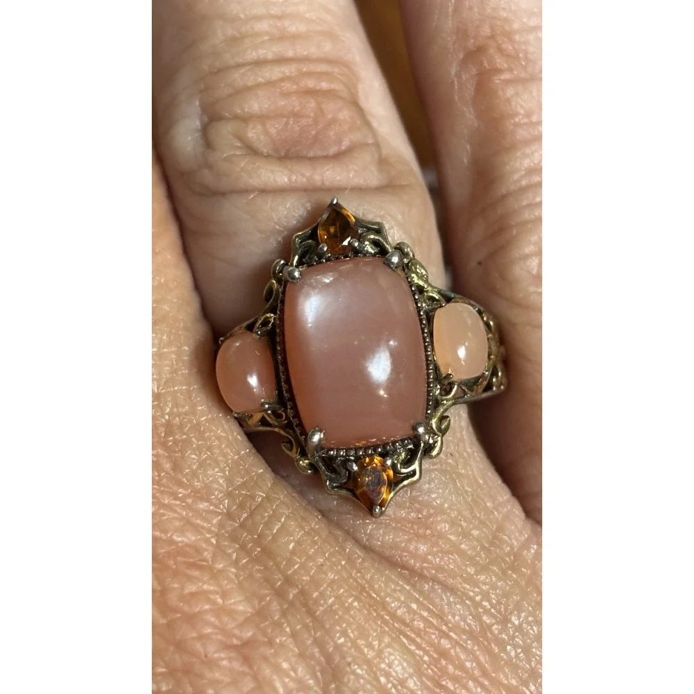 Natural Peach Moonstone And Citrine Sterling Silver Cocktail Ring Size 9.25 - Picture 10 of 12